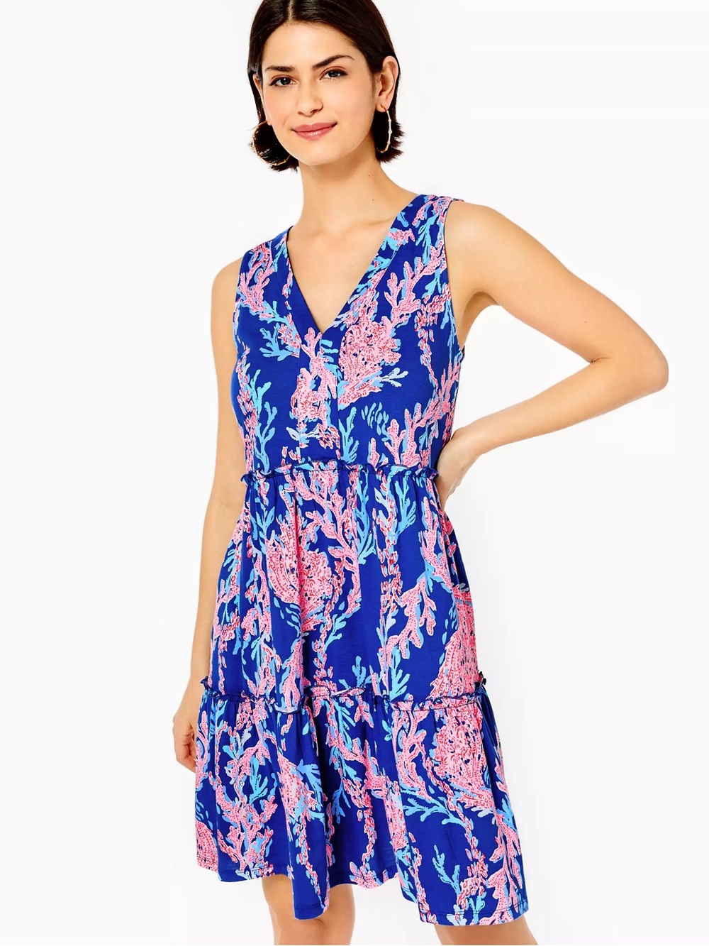 Lilly Pulitzer Blue Coral-Print V-Neck Lorina Swing Dress